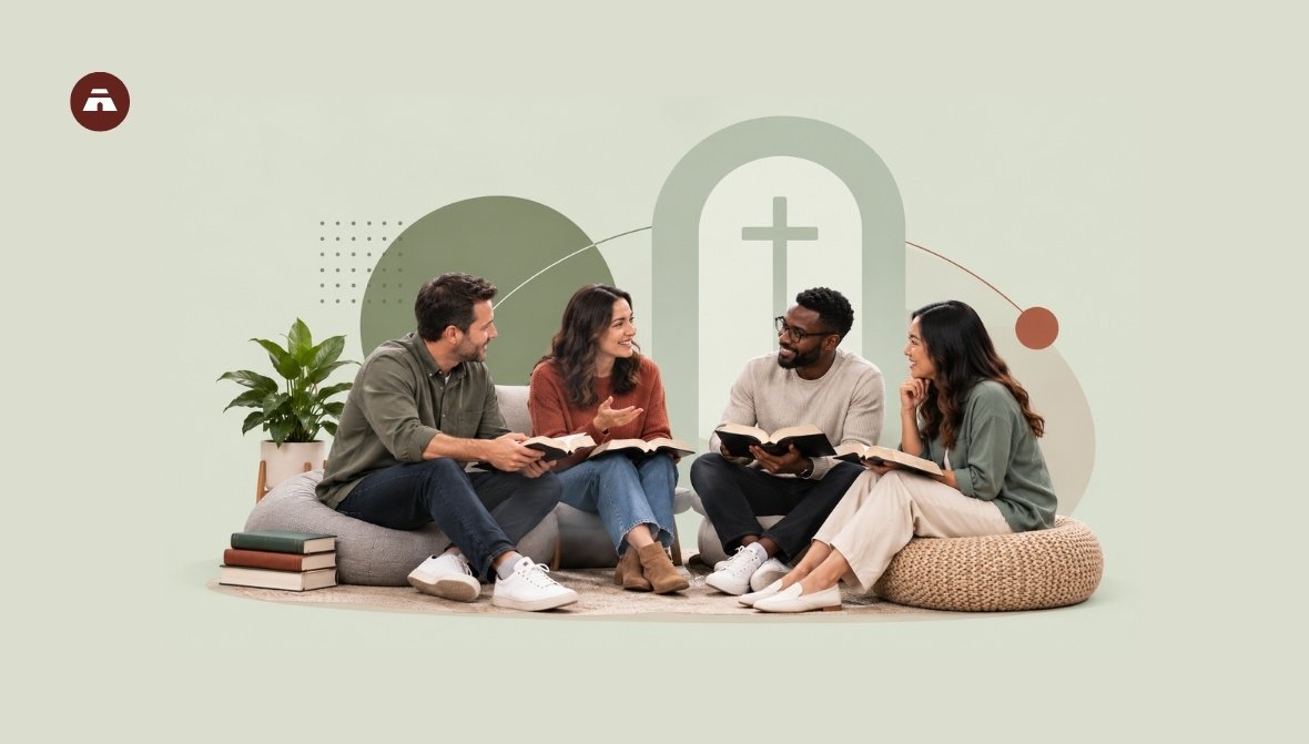 Four people sitting together with open Bibles, having a small group discussion in a church setting