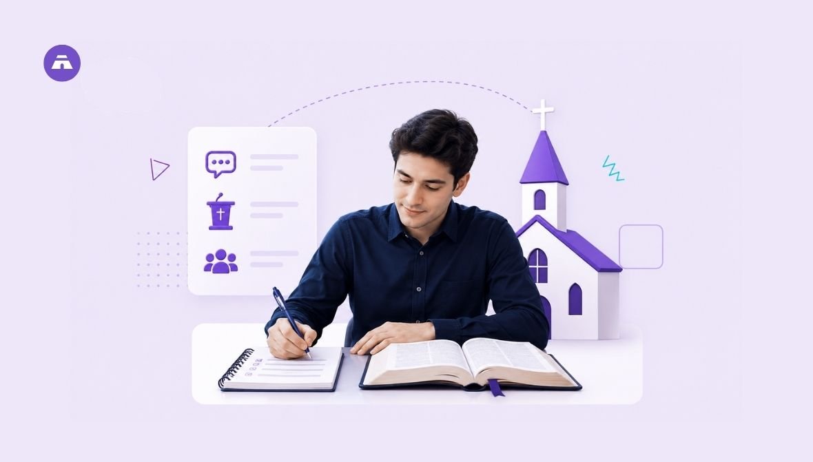 Illustration of a pastor writing in a notebook beside an open Bible and a church building, representing 100 sermon topic ideas for every occasion