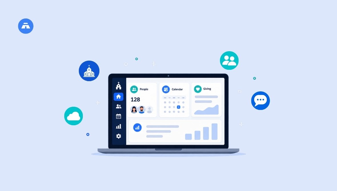 Illustration of a laptop displaying a church management software dashboard with People, Calendar, and Giving modules
