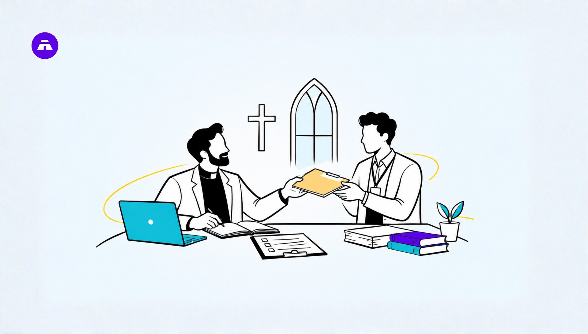 Church leaders discussing administrative tasks and documents in a church office