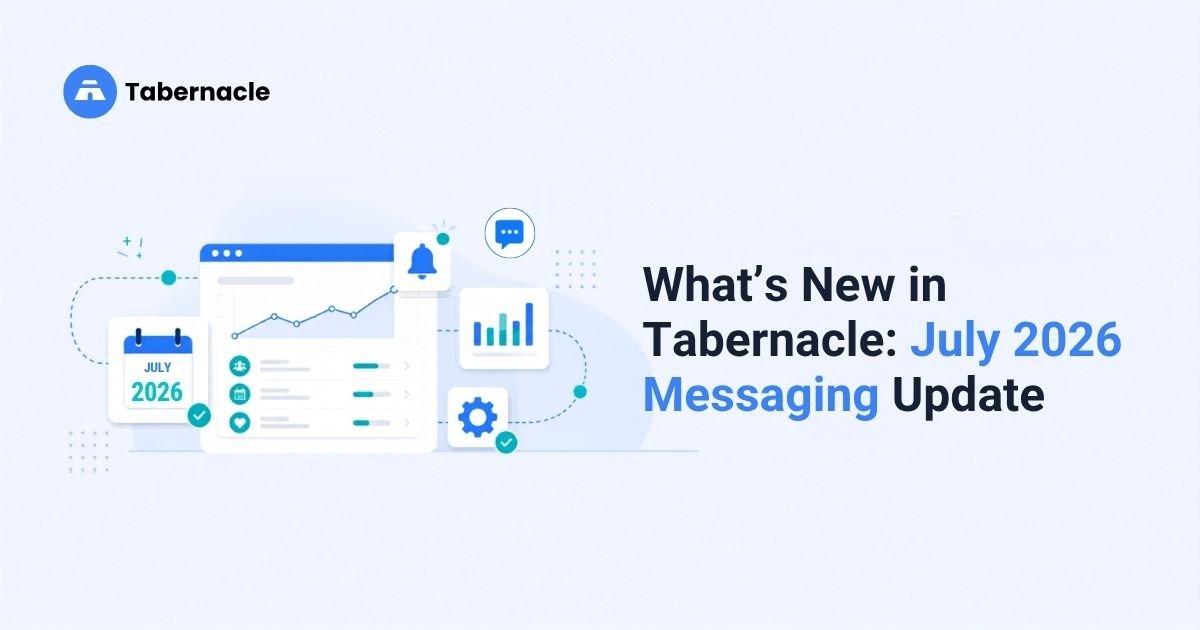 Tabernacle July 2026 messaging update featuring WhatsApp receipts and bulk SMS for church management