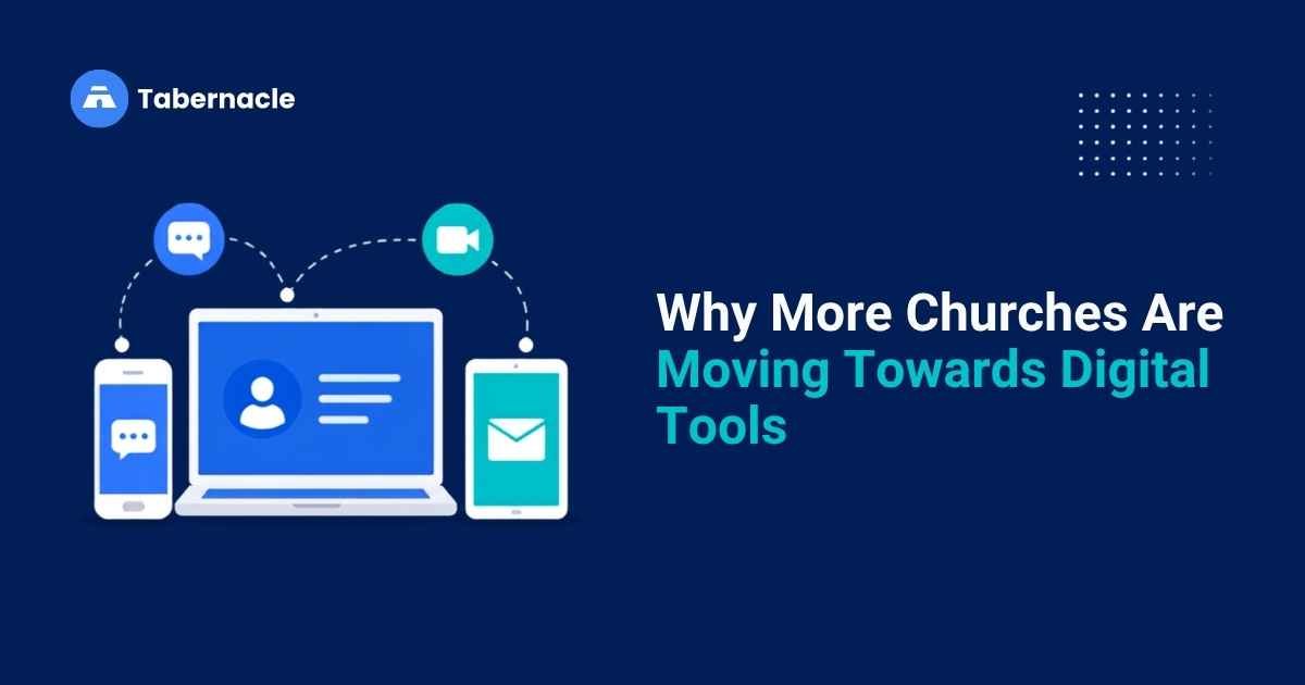 Laptop, phone, and tablet connected by chat, video, and email icons representing churches adopting digital tools