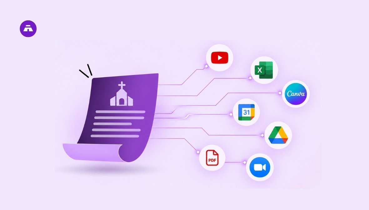 Laptop, phone, and tablet connected by chat, video, and email icons representing churches adopting digital tools