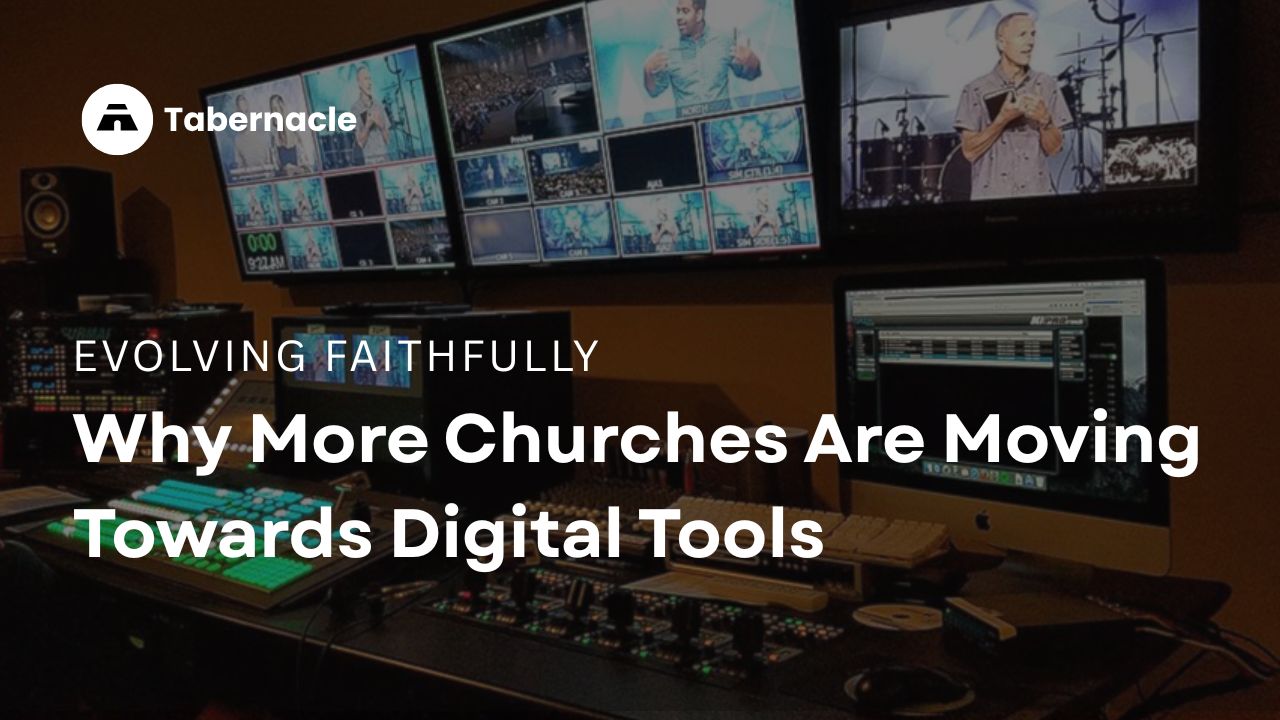 A modern church media production suite with multiple screens, illustrating the shift toward digital tools and livestreaming mentioned in the article.