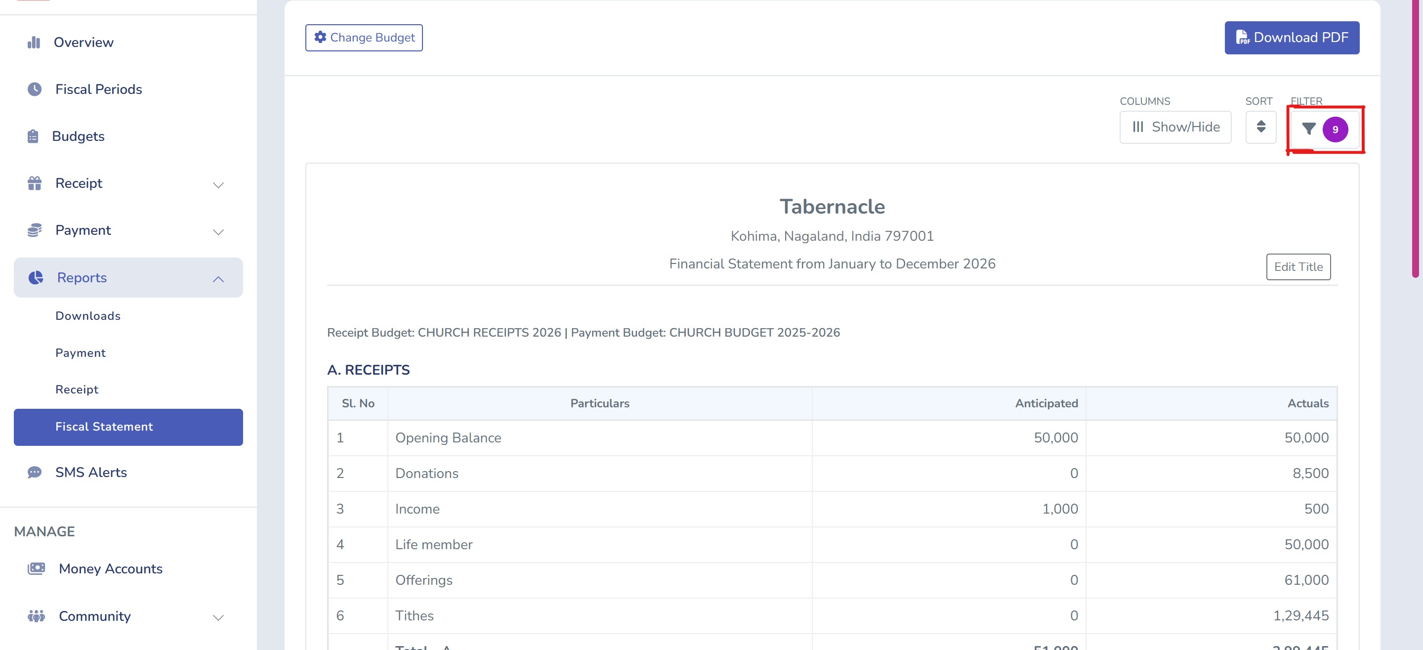 Highlighted search filter in Tabernacle Finance platform