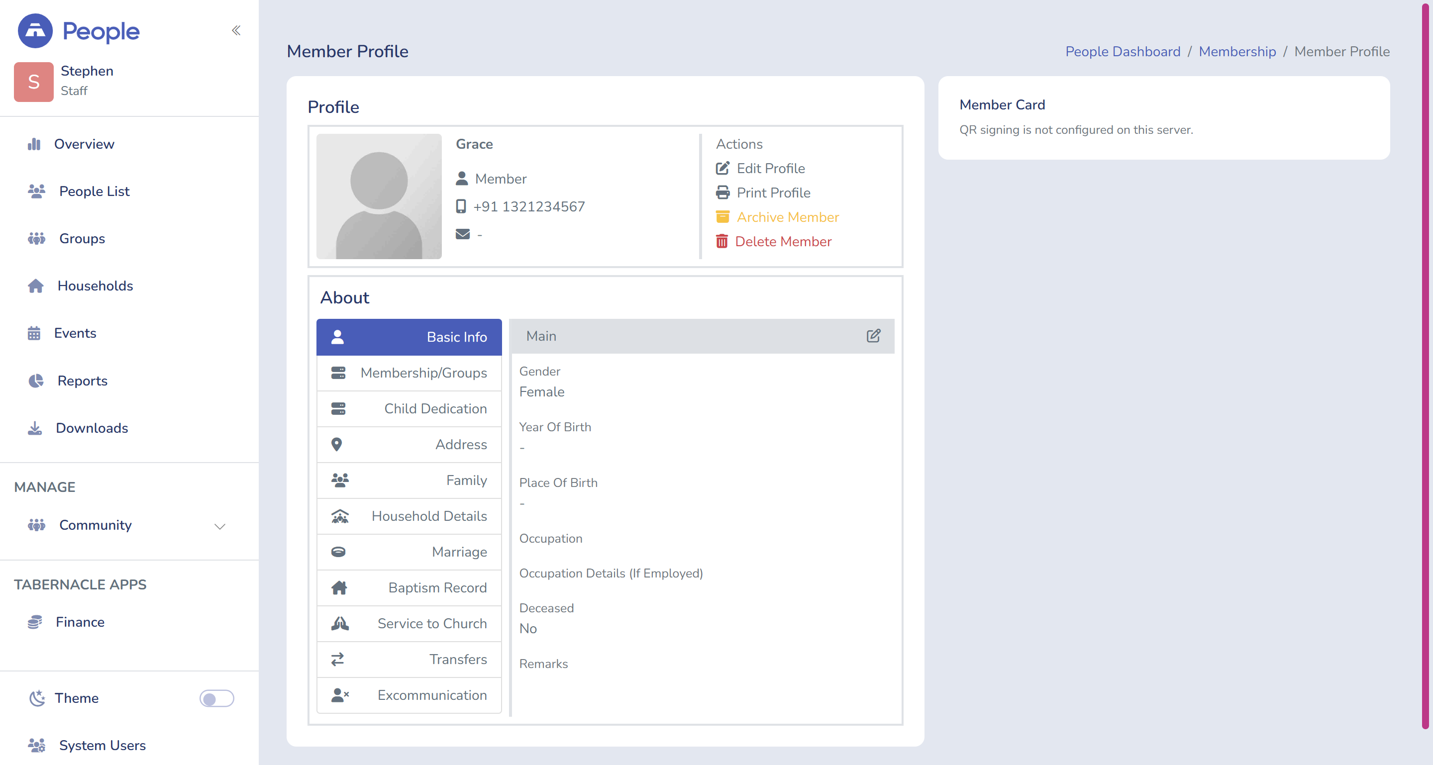 Tabernacle People module showing member profile