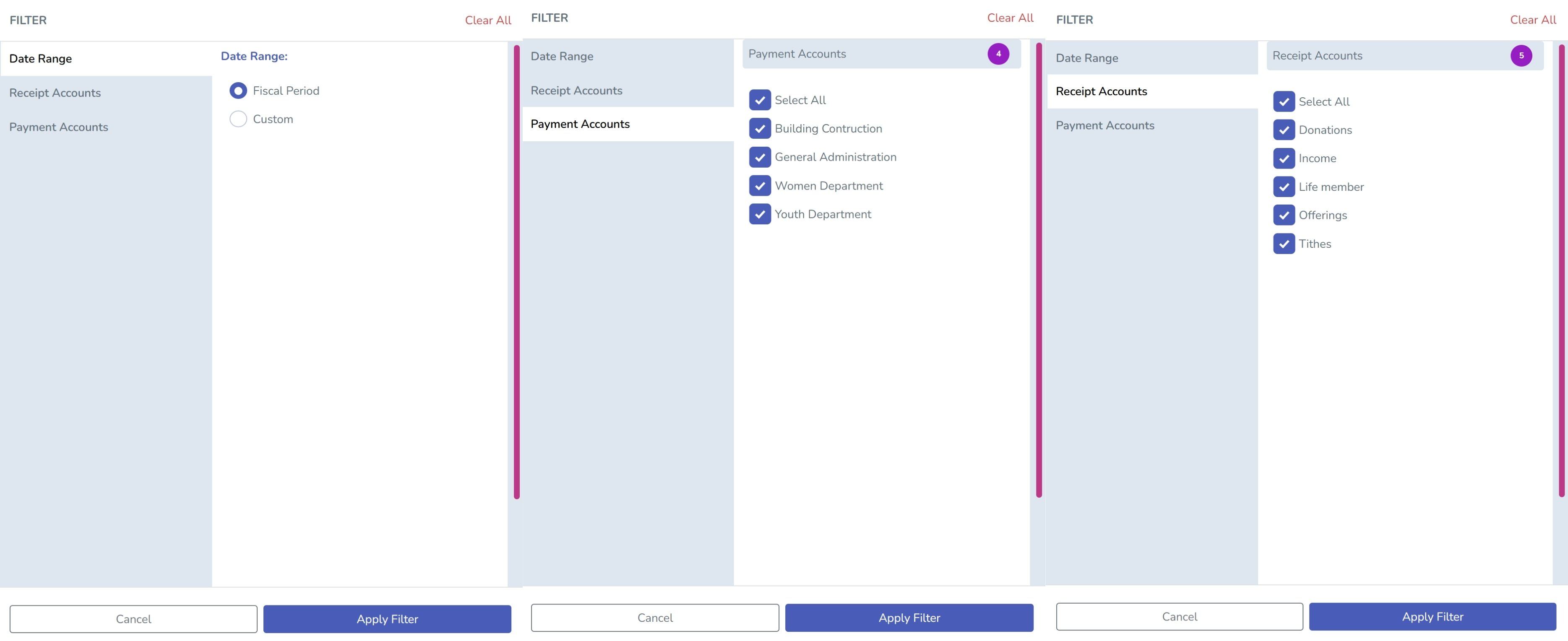 3 image stack together custom data range filter, receipt budget filter, and payment account filter